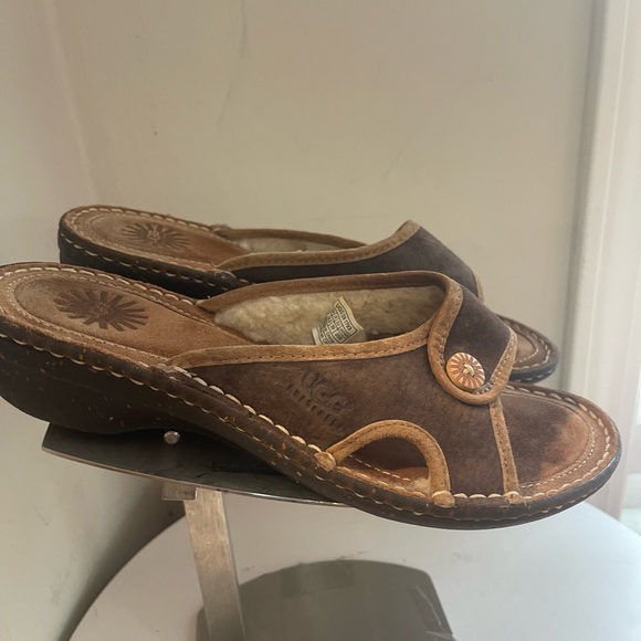 UGG Women.s 1793 KALAMA BROWN LEATHER LINED COMFORT SLIP ON WEDGE HEEL SANDALS 8 - Picture 3 of 6